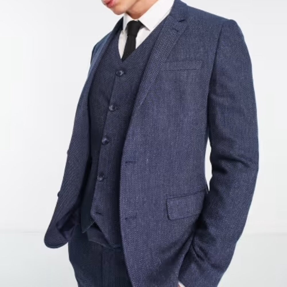 ASOS DESIGN Men’s Super Skinny Wool Mix 3-Piece Suit NAVY Herringbone NWT